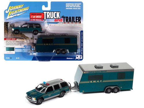 1/64 Johnny Lightning 1997 Chevrolet Tahoe with Camper Trailer (Emerald Green) S.W.A.T. Diecast Car Model