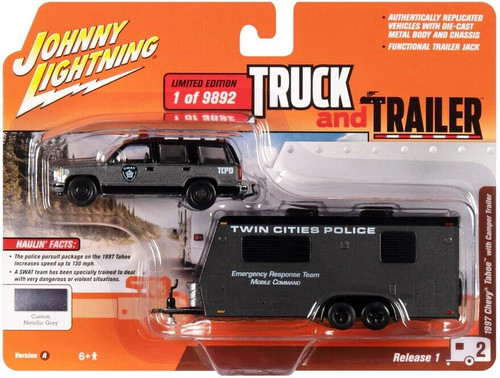 1/64 Johnny Lightning 1997 Chevrolet Tahoe with Camper Trailer (Custom Metallic Gray) Twin Cities Police Diecast Car Model