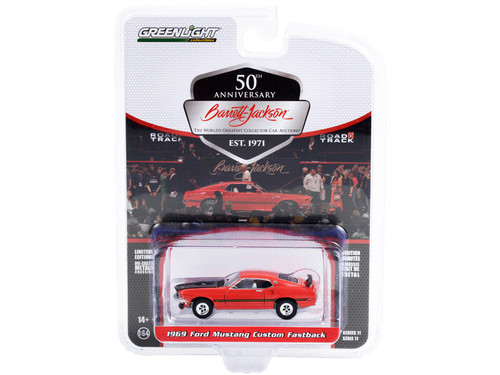1969 Ford Mustang Custom Fastback Race Red with Black Hood and Stripes (Lot #765.1) 1/64 Diecast Model Car by Greenlight