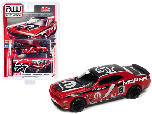 2019 Dodge Challenger SRT Hellcat #6 Red and Black with "MOPAR" Graphics Limited Edition to 3600 pieces Worldwide 1/64 Diecast Model Car by Auto World