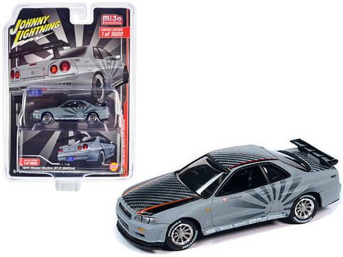 1999 Nissan Skyline GT-R (BNR34) RHD (Right Hand Drive) Matt Gray and Carbon Top with "Rising Sun" Graphics Limited Edition to 3600 pieces Worldwide 1/64 Diecast Model Car by Johnny Lightning