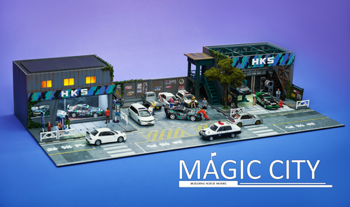 1/64 Magic City HKS Theme Exhibition Building & Body Shop Diorama (cars & figures NOT included)