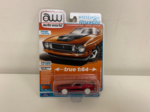 CHASE CAR 1973 Ford Mustang Mach 1 Red with Matt Black Hood Treatment and Stripes "Vintage Muscle" Limited Edition to 14910 pieces Worldwide 1/64 Diecast Model Car by Auto World