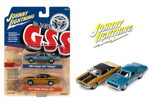 1/64 Johnny Lightning Mr.Norm 1964 Dodge 330 “Tribute” (Blue) & 1971 Dodge Demon GSS (Brown) Diecast Car Model