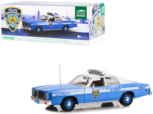 1/18 Greenlight 1978 Dodge Monaco Police Blue and White NYPD (New York City Police Department) Diecast Car Model