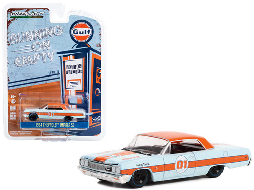 1964 Chevrolet Impala SS #01 Light Blue with Orange Top and Stripes "Gulf Oil" "Running on Empty" Series 15 1/64 Diecast Model Car by Greenlight