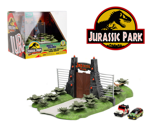 Jada Jurassic Park Theme Park Entrance Diorama with Jeep Wrangler and Ford Explorer 30th Anniversary "Jurassic Park" (1993) Movie "Nano Hollywood Rides" Series