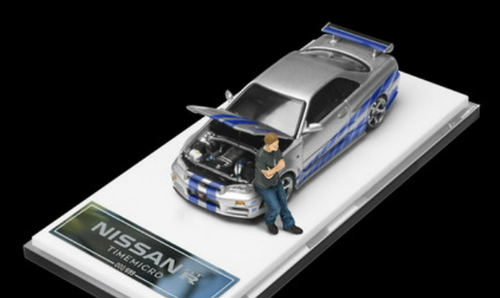 1/64 TimeMicro Nissan Skyline GT-R R34 (Silver with Blue Accent) with Figure Diecast Car Model