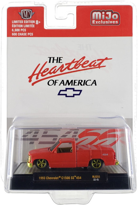 CHASE CAR 1/64 M2 Machines 1993 Chevrolet C1500 SS 454 Pickup Truck Red with Gold Interior & Wheels "The Heartbeat of America" Diecast Car Model