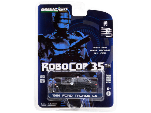 1986 Ford Taurus LX Black "Detroit Metro West Police" (Weathered) "RoboCop 35th Anniversary" (1987) Movie "Anniversary Collection" Series 15 1/64 Diecast Model Car by Greenlight