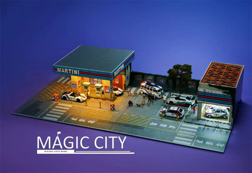 1/64 Magic City Martini Theme Gas Station & Showroom Diorama with LED Lights (cars & figures NOT included)