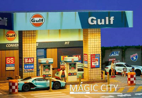 1/64 Magic City Gulf Theme Gas Station & Showroom Diorama with LED Lights (cars & figures NOT included)