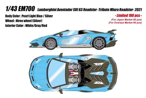 1/43 Make Up 2021 Lamborghini Aventador SVJ 63 Roaster Trubute Miura Roadster (Pearl Light Blue with Silver Nireo Wheel) Resin Car Model Limited 100 Pieces