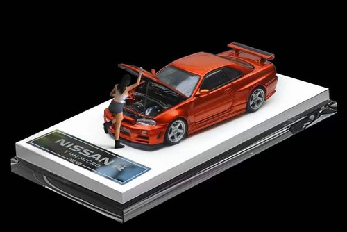 1/64 Time Micro Nissan Skyline GT-R GTR R34 (Orange) Diecast Car Model with Figure
