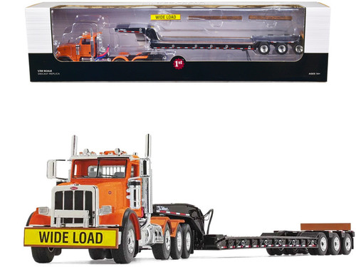 Peterbilt 367 Day Cab Bright Orange and Talbert 55SA Tri-Axle Lowboy Trailer Black 1/50 Diecast Model by First Gear