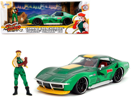 1969 Chevrolet Corvette Stingray ZL1 Green Metallic with Yellow Stripes and Cammy Diecast Figure "Street Fighter" Video Game "Anime Hollywood Rides" Series 1/24 Diecast Model Car by Jada