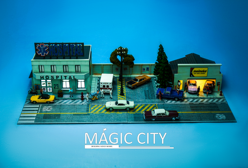 1/64 Magic City American Hospital & Meineke Car Care Center Diorama Center (car models & figures NOT included)