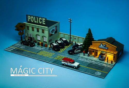 1/64 Magic City US Police Station & Michelin Car care Center Diorama (car models & figures NOT included)