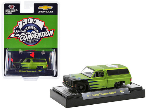 1973 Chevrolet Cheyenne Super 10 Pickup Truck with Camper Shell Green Metallic with Black Graphics "Diecast Super Convention" (2023) Exclusive Limited Edition to 3600 Pieces Worldwide 1/64 Diecast Model Car by M2 Machines