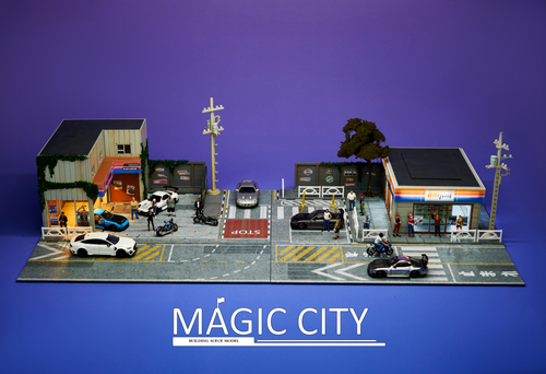 1/64 Magic City Japan Amemiya Car Repair Shop & Ampm Supermarket Scene Diorama (cars & models NOT included)