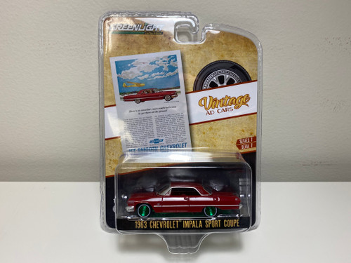 CHASE CAR 1/64 Greenlight 1963 Chevrolet Impala Sport Coupe Red with Red Interior "There’s No Smoother More Comfortable Way To Get There On The Ground!" "Vintage Ad Cars" Diecast Car Model