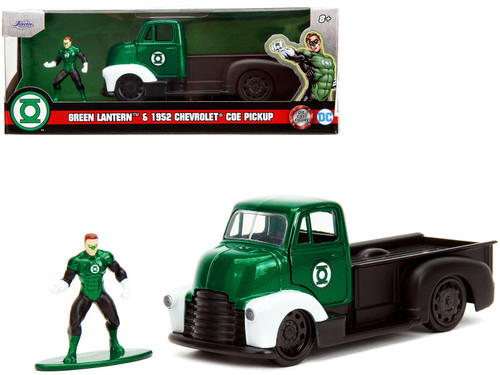 1952 Chevrolet COE Pickup Truck Green Metallic and Black and Green Lantern Diecast Figure "DC Comics" "Hollywood Rides" Series 1/32 Diecast Model Car by Jada