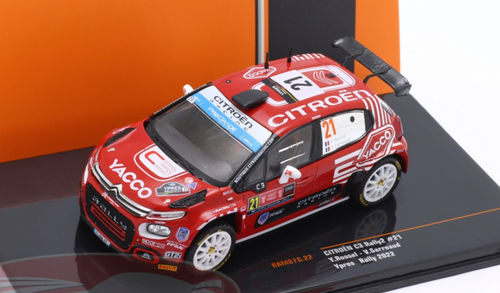 1/43 Ixo 2022 Citroen C3 Rally2 #21 8th Rallye Ypres PH Sport Yohan Rossel, Valentin Sarreaud Car Model