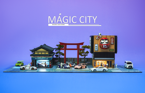 1/64 Magic City Japan Showa Architecture, Porsche Showroom, Japanese Barbecue Restaurant Diorama (Car Models & Figures NOT Included)