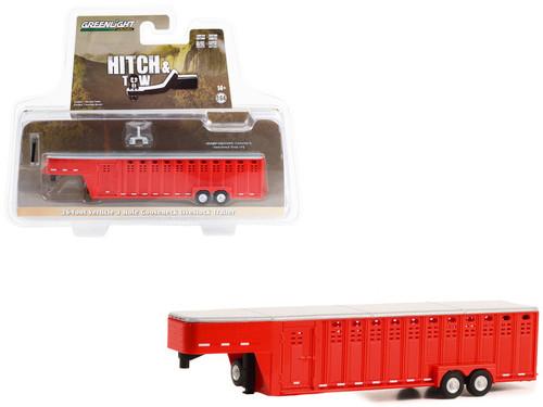26-Foot Vertical Three Hole Gooseneck Livestock Trailer Red "Hitch & Tow" Series 1/64 Diecast Model Car by Greenlight