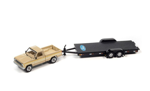 1/64 Johnny Lightning 1983 Ford Ranger (Beige) with Open Trailer (Black) Diecast Car Models