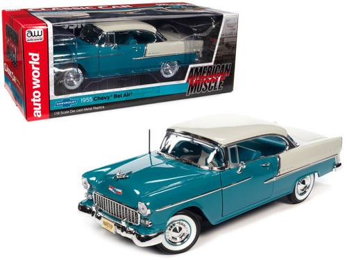 1/18 Auto World 1955 Chevrolet Bel Air Skyline Blue and India Ivory White Diecast Car Model