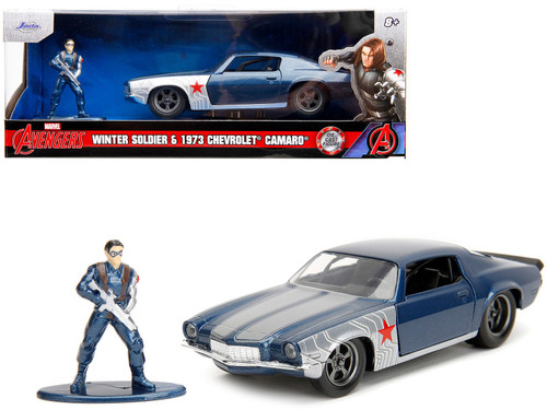 1973 Chevrolet Camaro Dark Blue Metallic with Gray Stripes and Winter Soldier Diecast Figure "Marvel Avengers" "Hollywood Rides" Series 1/32 Diecast Model Car by Jada