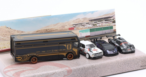 1/64 Hot Wheels 4-Car Set Track Day #13 Euro Hauler with Audi Sport quattro, Lamborghini Essenza SCV12, Sauber-Mercedes C9 Car Models