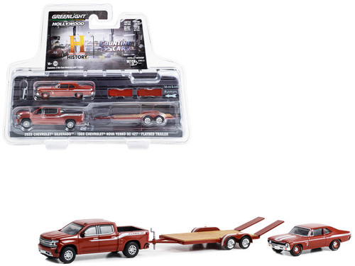 2020 Chevrolet Silverado High Country Pickup Truck Dark Orange & 1969 Chevrolet Nova Yenko SC 427 Dark Orange with White Stripes & Flatbed Trailer "Counting Cars" (2012) TV Series Hollywood Hitch & Tow Series 12 1/64 Diecast Model Cars by Greenlight