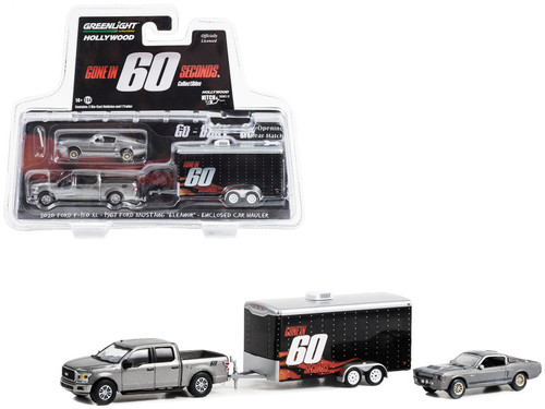 1967 Ford Mustang "Eleanor" Silver Metallic (Damaged) and 2020 Ford F-150 XL STX Package Pickup Truck Silver Metallic with Enclosed Trailer "Gone in Sixty Seconds" (2000) Movie "Hollywood Hitch & Tow" Series 12 1/64 Diecast Model Cars by Greenlight