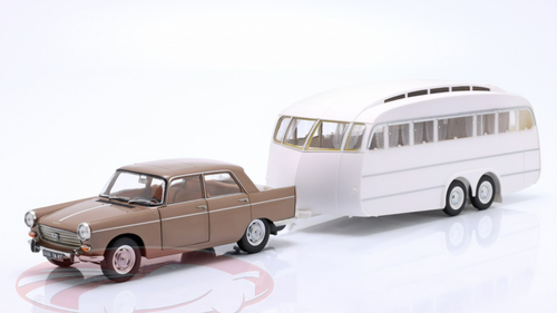 1/18 Norev 1965 Peugeot 404 (Brown Metallic) with Henon Caravan (White) Diecast Models