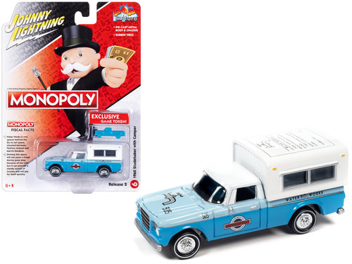 1960 Studebaker Pickup Truck Light Blue and Blue Two-Tone with Camper "Water Works" with Game Token "Monopoly" "Pop Culture" 2023 Release 2 1/64 Diecast Model Car by Johnny Lightning