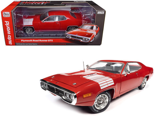1/18 Auto World 1972 Plymouth Road Runner GTX Rallye Red with White Stripes and Interior Diecast Car Model