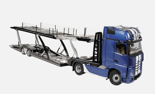 1/18 NZG Mercedes-Benz Actros GigaSpace 4x2 (Blue Metallic with Stripes) Truck Header with Lohr Car Transporter Diecast Model