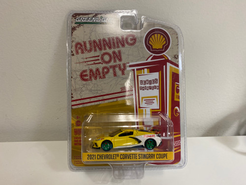 CHASE CAR 2021 Chevrolet Corvette C8 Stingray Coupe "Shell Oil" Yellow and White "Running on Empty" Series 13 1/64 Diecast Model Car by Greenlight