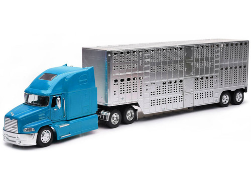 Mack Pinnacle Truck with Pot Belly Livestock Trailer Blue and Chrome "Long Haul Truckers" Series 1/32 Diecast Model by New Ray