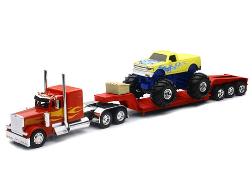 Peterbilt 379 Truck with Lowboy Trailer Red with Orange Flames and Monster Truck Yellow with Blue Flames "Long Haul Truckers" Series 1/32 Diecast Model by New Ray