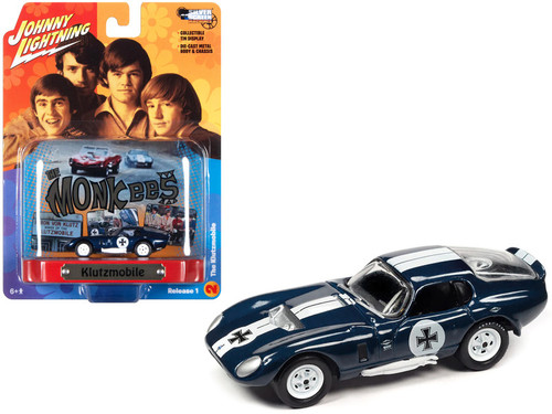Ford Mustanf Shelby Cobra Daytona "Klutzmobile" Blue Metallic with White Stripes "The Monkees" with Collectible Tin Display "Silver Screen Machines" Series 1/64 Diecast Model Car by Johnny Lightning
