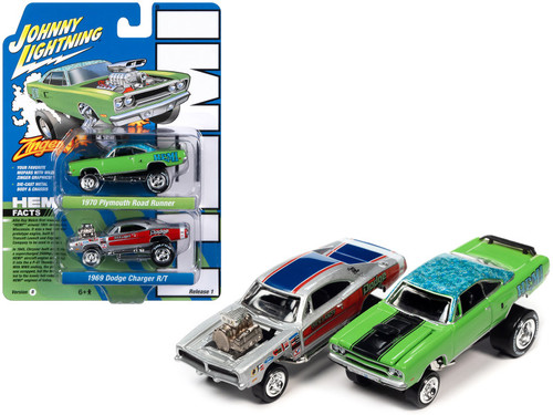 1970 Plymouth Road Runner HEMI Green with Blue Flower Top and Black Stripe and 1969 Dodge Charger R/T Silver Metallic with Graphics "Dick Landy" "Zingers!" Set of 2 Cars "2-Packs" 2023 Release 1 1/64 Diecast Model Cars by Johnny Lightning