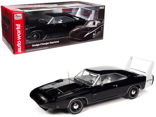 1/18 Auto World 1969 Dodge Charger Daytona X9 Black with White Interior and Tail Stripe Diecast Car Model