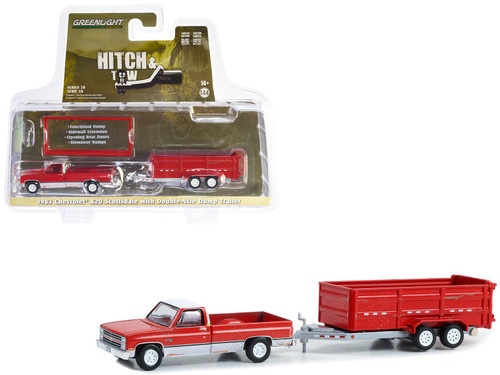 1983 Chevrolet K20 Scottsdale Pickup Truck Red and White (Weathered) with Double-Axle Dump Trailer "Hitch & Tow" Series 28 1/64 Diecast Model Car by Greenlight