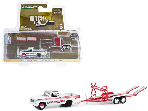 1964 Dodge D-100 Pickup Truck White with Red Stripes "RAMCHARGERS" with Tandem Car Trailer "Hitch & Tow" Series 28 1/64 Diecast Model Car by Greenlight