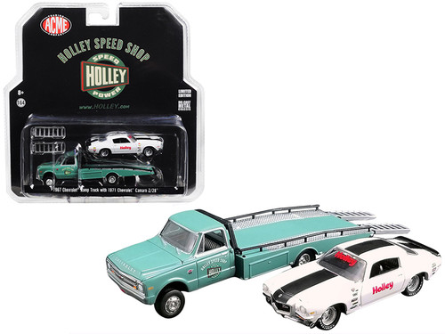 1/64 Greenlight for Acme 1967 Chevrolet Ramp Truck Turquoise and 1971 Chevrolet Camaro Z/28 White with Black Stripe "Holley Speed Shop" "Acme Exclusive" Diecast Car Model