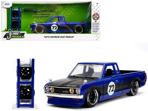 1972 Datsun 620 Pickup Truck #72 Blue Metallic with Black Stripes and Hood "Toyo Tires" with Extra Wheels "Just Trucks" Series 1/24 Diecast Model Car by Jada