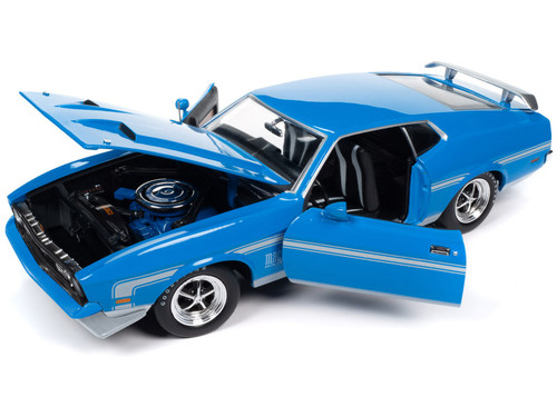 1/18 Auto World 1972 Ford Mustang Mach 1 Grabber Blue with Silver Stripes Diecast Car Model